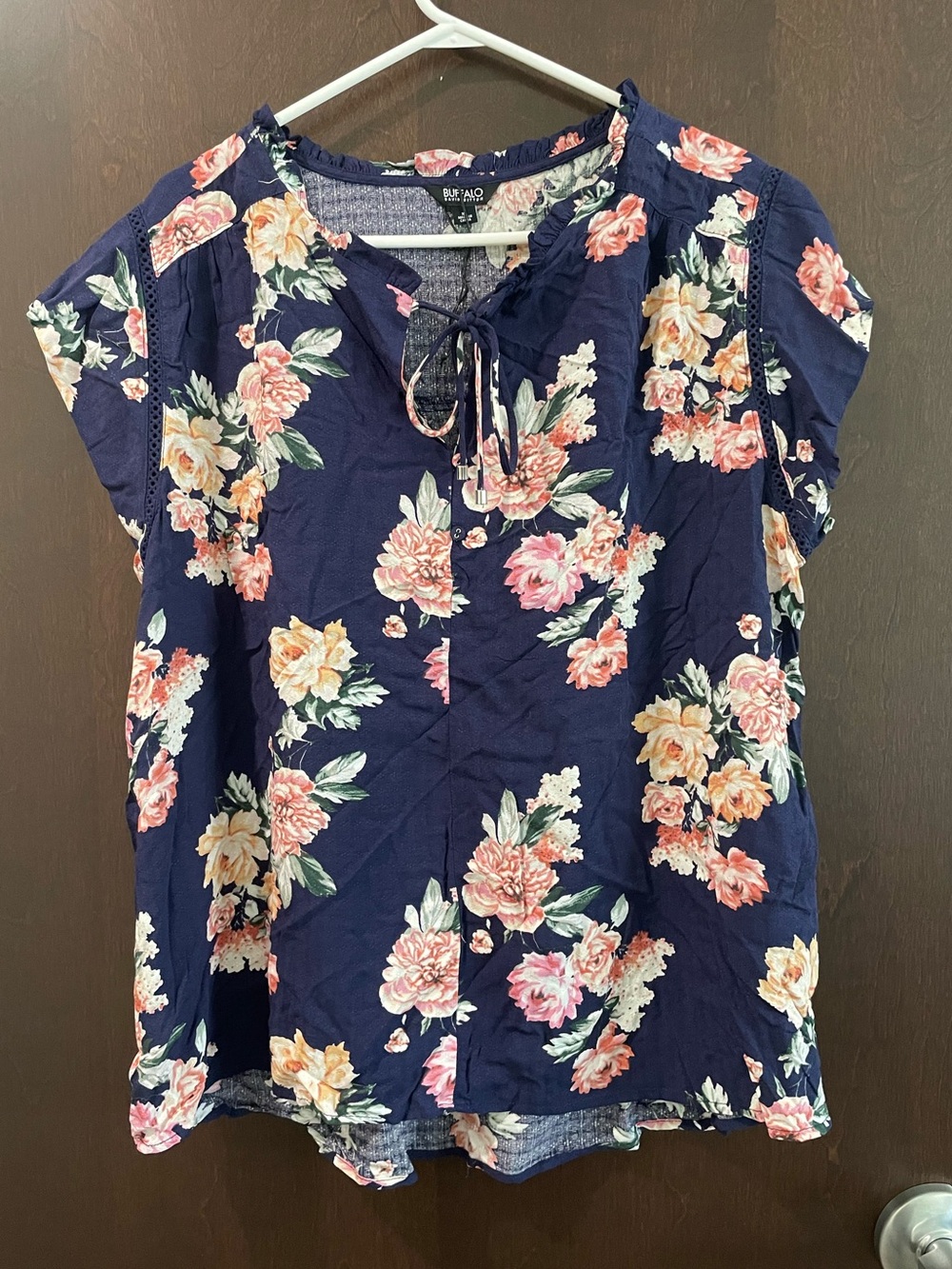 Buffalo David Bitton Blouse Womens XL  Navy Multicolor Floral Print Popover Top